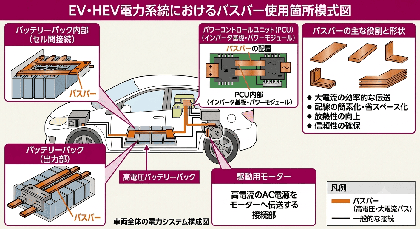 EV・HEVの電力系統でバスバーが使われる箇所を示す模式図（バッテリー・PCU・モーター）