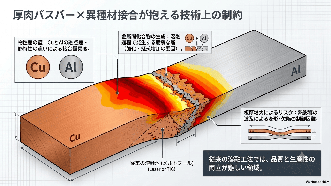 厚肉バスバーのCu・Al異種材接合における技術課題（融点差・金属間化合物・板厚による熱影響）の模式図