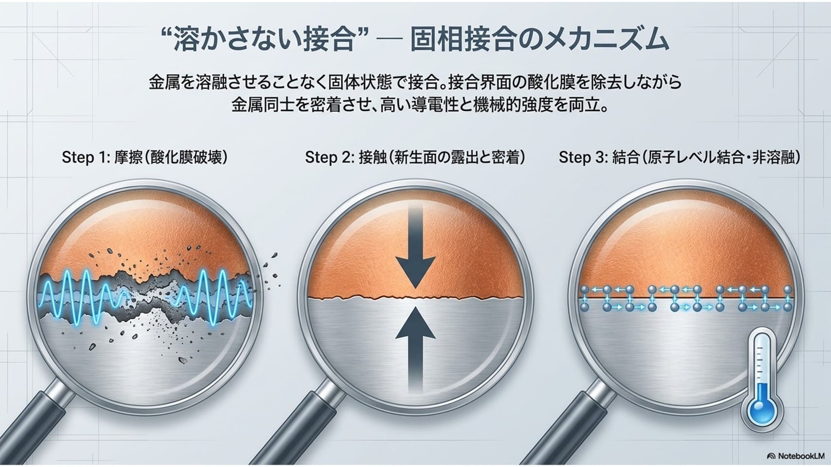 超音波金属接合（固相接合）のメカニズム3ステップ（酸化皮膜の除去・新生面の密着・原子レベル結合）