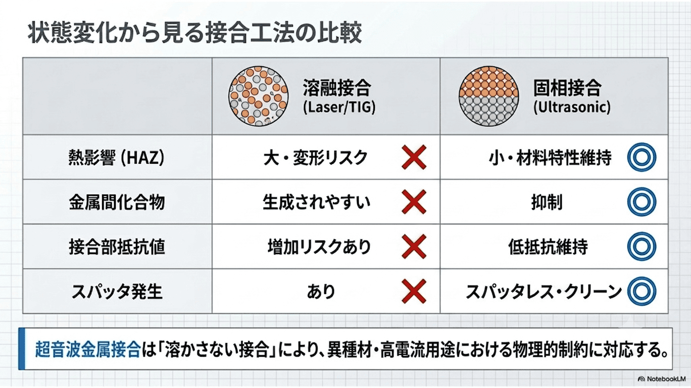 溶融接合（レーザー/TIG）と固相接合（超音波）の比較表（熱影響・金属間化合物・接合部抵抗・スパッタ）